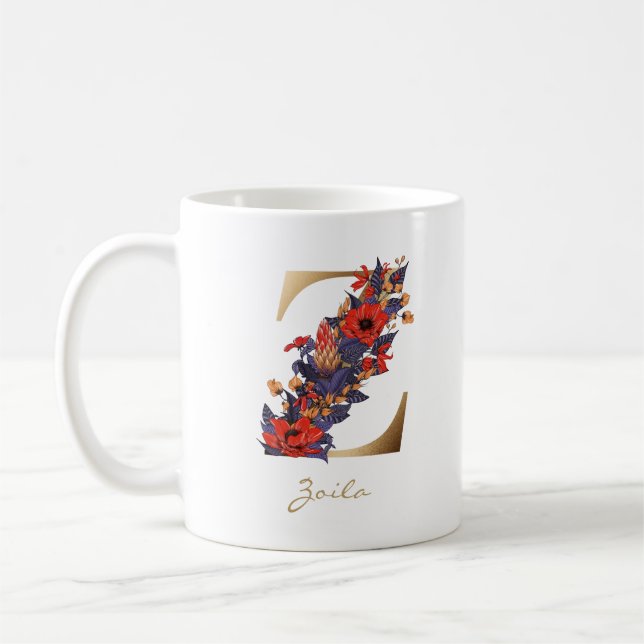  Letter Z Gold Monogram Red Purple Yellow Floral Coffee Mug (Left)
