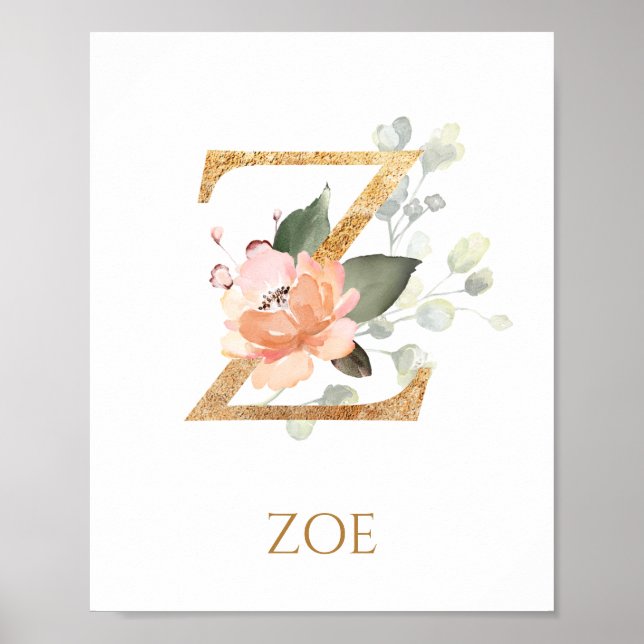 Letter Z Monogram Pink Peach rose Nursery Poster (Front)