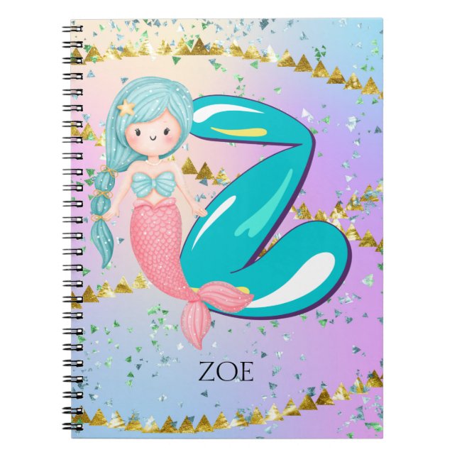 Letter Z Monogram Watercolor Cute Mermaid Nursery Notebook (Front)