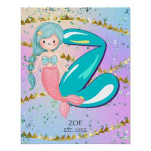 Letter Z Monogram Watercolor Cute Mermaid Nursery Poster