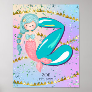 Letter Z Monogram Watercolor Cute Mermaid Nursery Poster
