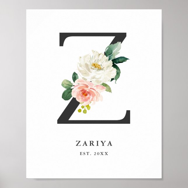 Letter Z Monogram Watercolor Peach Florals Nursery Poster (Front)