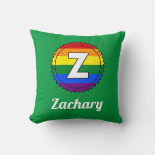 Letter Z & Name Gay Pride Rainbow Monogram - Green Cushion
