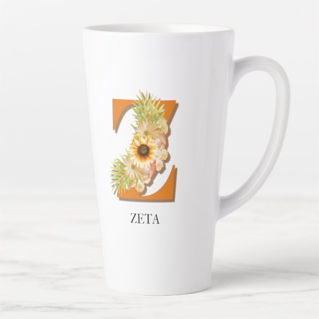 Letter Z Sunflower Floral Monogram with Name Latte Mug (Right)
