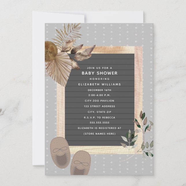 Letterboard Baby Shoes Boho Botanical Baby Shower  Invitation (Front)