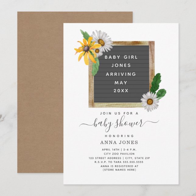 Letterboard Wildflowers Baby Shower Invitation (Front/Back)