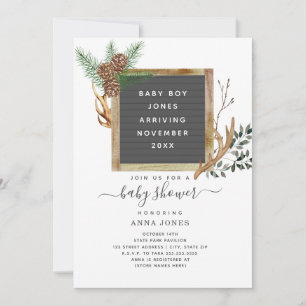 Letterboard Woodland Antlers Baby Shower Invitation