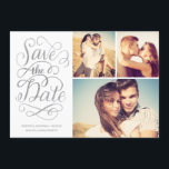 Lettered Silver Faux Foil Save The Date Collage<br><div class="desc">This save the date photo card features a 3-photo collage,  swirly hand lettered calligraphy artwork and faux silver metallic foil. Visit our designer shop to see more!</div>