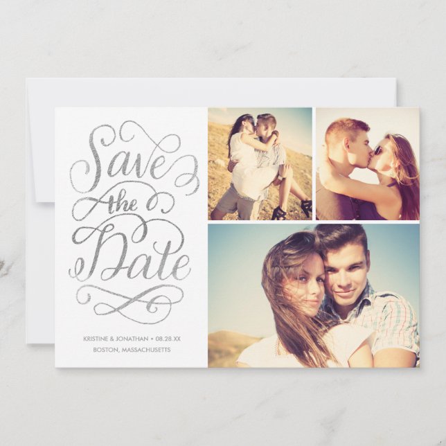 Lettered Silver Faux Foil Save The Date Collage (Front)