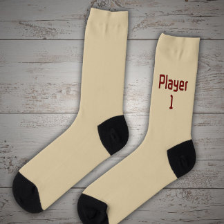 Lettering Player 1 in Deep Red on Beige Socks
