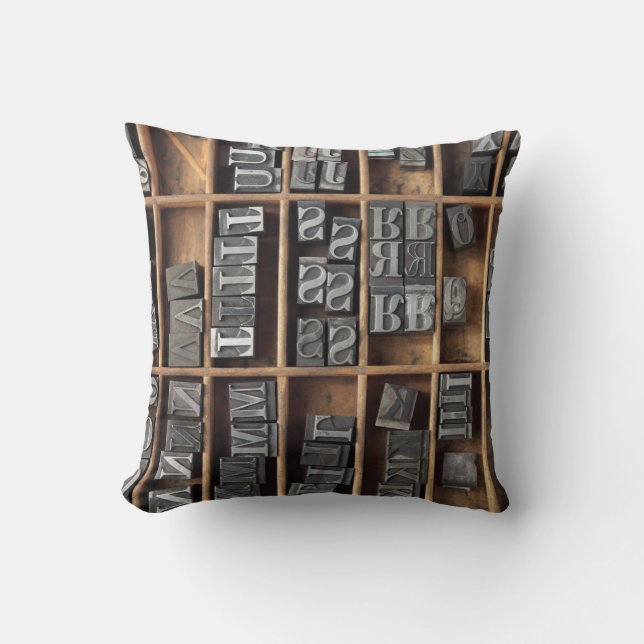 letterpress lead type in a case throw pillow (Front)