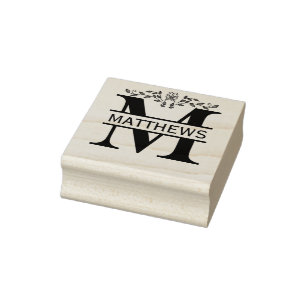 Letterpress M butterfly Leaves Split Monogram Rubber Stamp