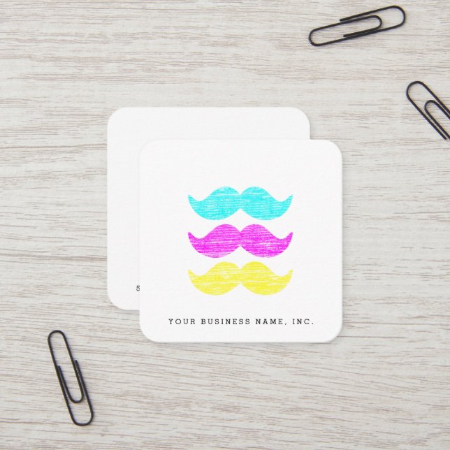Letterpress Style CMY Moustaches Square Business Card (Front/Back In Situ)