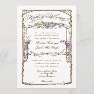 Letterpress Style Vintage Faux Bois Trellis Purple Invitation