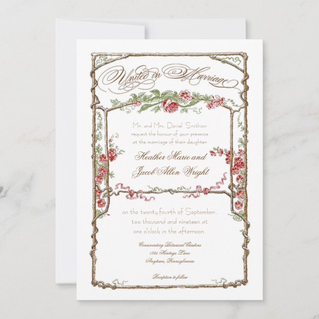 Letterpress Style Vintage Faux Bois Trellis - Red Invitation (Front)