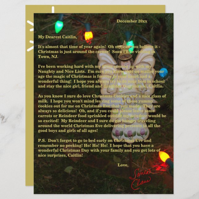Letters from Santa Gold Angel Lights Name  (Front/Back)