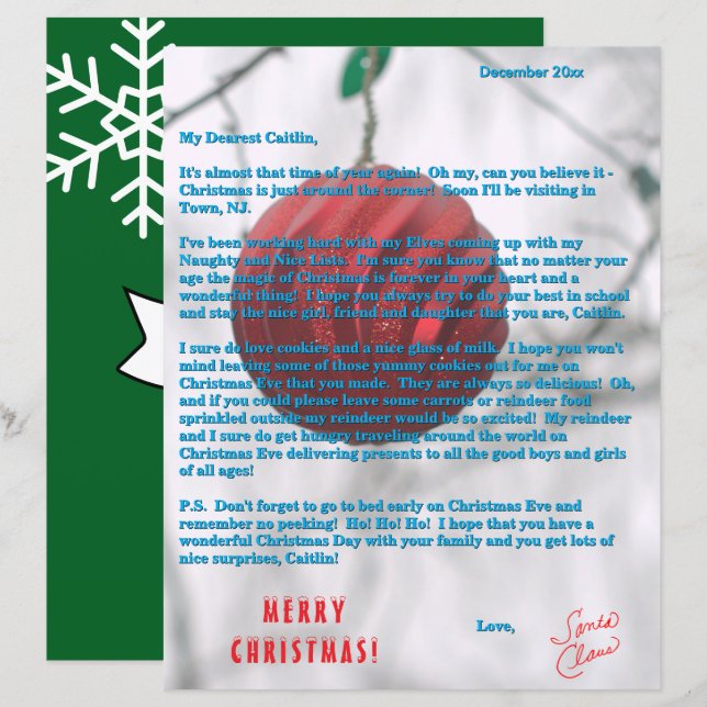 Letters from Santa Green Red Ornament (Front/Back)