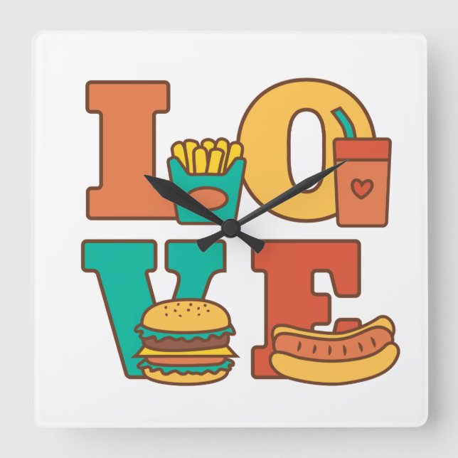 Letters Love Junk Food Room Décor Square Wall Clock (Front)