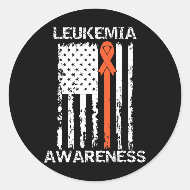 Leukaemia Awareness American Flag Orange Ribbon  Classic Round Sticker (Front)