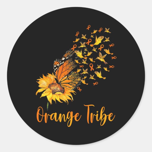 Leukaemia Awareness Sunflower Butterfly Orange Rib Classic Round Sticker (Front)