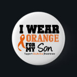Leukaemia I Wear Orange For My Son 6 Cm Round Badge<br><div class="desc">I Wear Orange Ribbon For My Son supportive design on Leukaemia Awareness t-shirts,  tees,  apparel,  merchandise and unique awareness gifts with draped style orange ribbon to support,  promote and advocate for those battling Leukaemia.</div>
