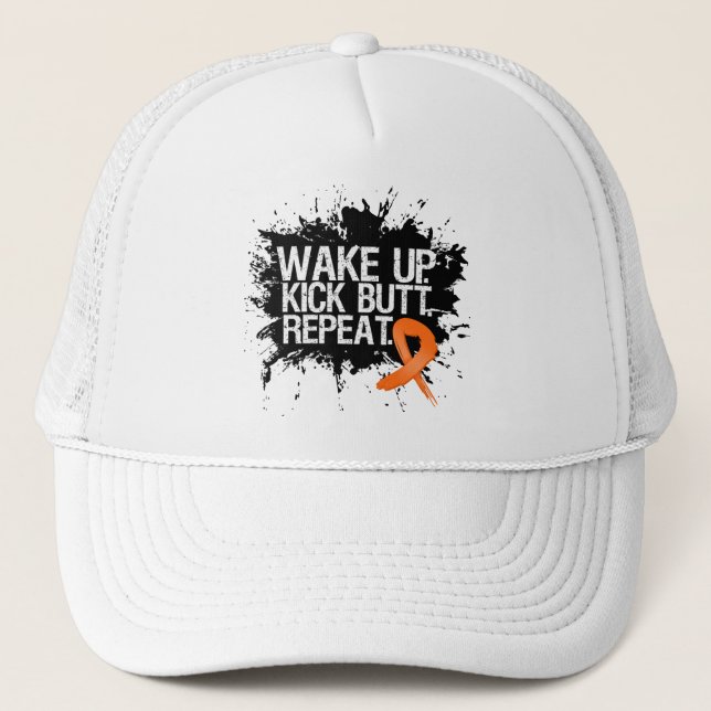 Leukaemia Wake Up Kick Butt Repeat Trucker Hat (Front)