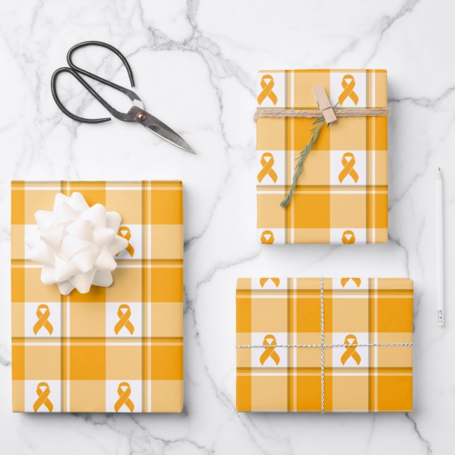 Leukemia Awareness Plaid Orange Ribbon Wrapping Paper Sheet (Front)