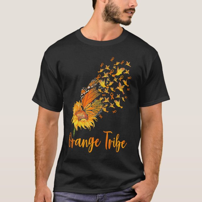 Leukemia Awareness Sunflower Butterfly Orange Ribb T-Shirt (Front)