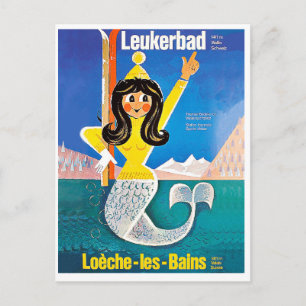 Leukerbad, Switzerland, mermaid with ski equipment Postcard