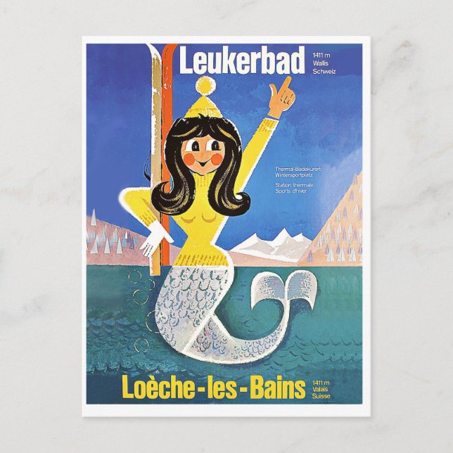 Leukerbad, Switzerland, mermaid with ski equipment Postcard (Front)