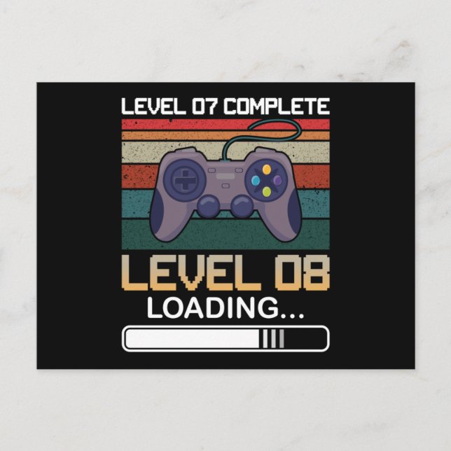 Level 07 Complete Level 08 | Birthday Video Game Postcard (Front)