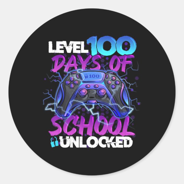 Level 100 Days Of School Unlocked Gamer Boy Girl V Classic Round Sticker (Front)