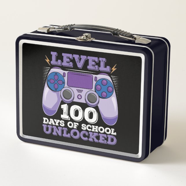 Level 100 Days Of School Unlocked Gamer Gaming Metal Lunch Box (Front)