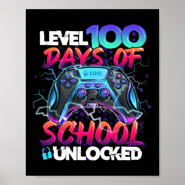 Level 100 Days Of School Unlocked Gamer Kids Video Poster (Front)