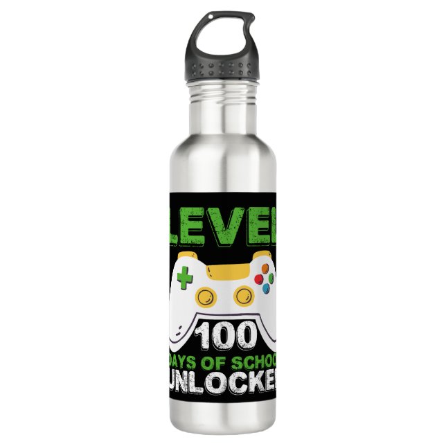 Level 100 Days Of School Unlocked Gamer Video Game 710 Ml Water Bottle (Front)