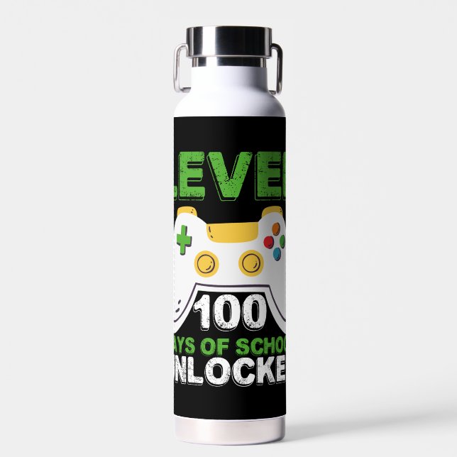 Level 100 Days Of School Unlocked Gamer Video Game Water Bottle (Front)