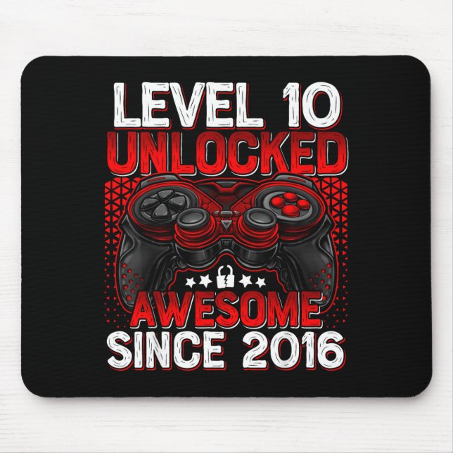 Level 10 Unlocked 10 Year Old Boys 10th Birthday B Mouse Mat (Front)