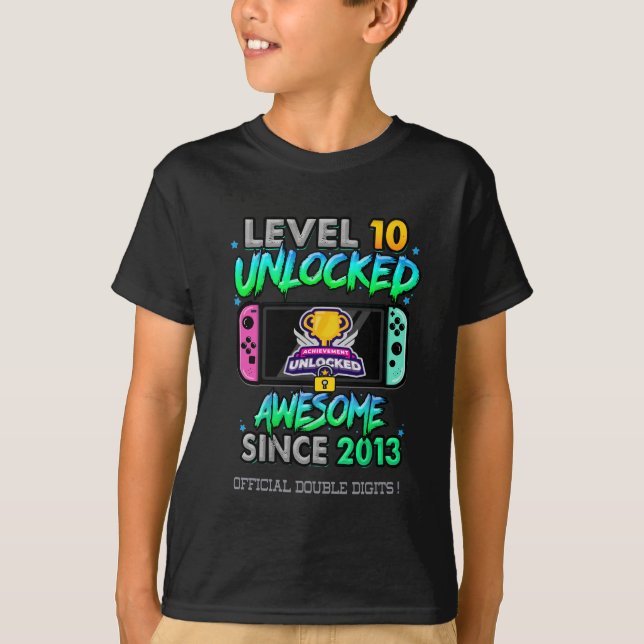 Level 10 Unlocked 10th Birthday 10 Year Old Boy  T-Shirt (Front)