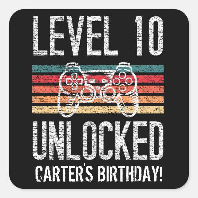 Level 10 Unlocked 10th Birthday Personalised Square Sticker (Front)