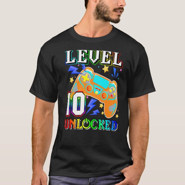 Level 10 Unlocked 10th Birthday Video Game 10 Year T-Shirt (Front)