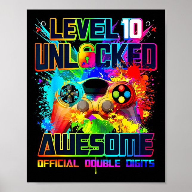 Level 10 Unlocked Awesome Gaming Birthday Boy 10th Poster (Front)