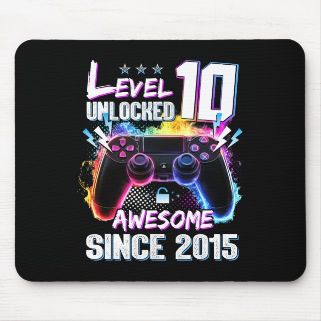 Level 10 Unlocked Awesome Since 2015 10th Birthday Mouse Mat (Front)