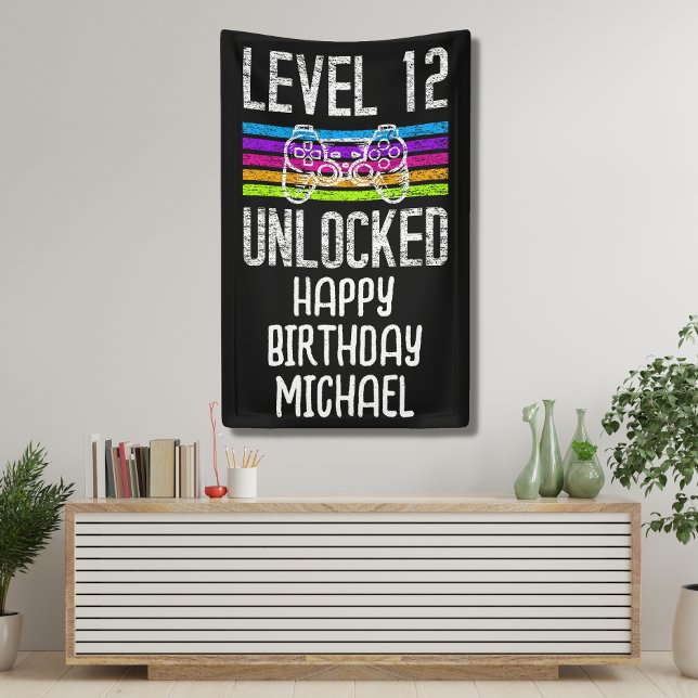 Level 12 Unlocked 12th Birthday Banner (Level up your gamer's 12th birthday with this fun game controller banner. )