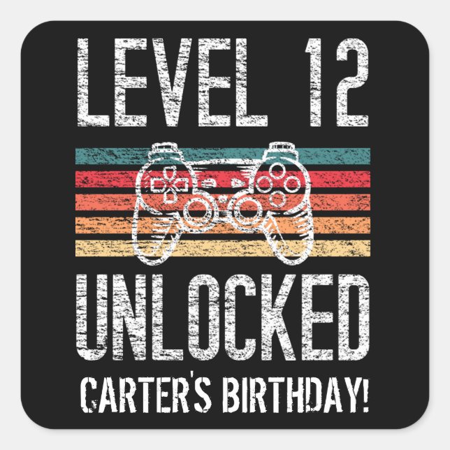 Level 12 Unlocked 12th Birthday Personalised Square Sticker (Front)