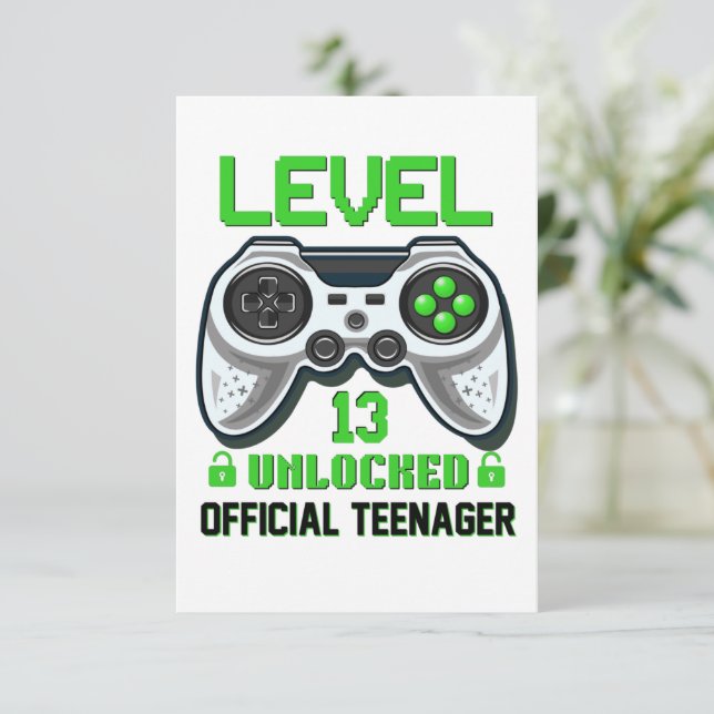 Level 13 unlocked 13th birthday video game thank you card (Standing Front)