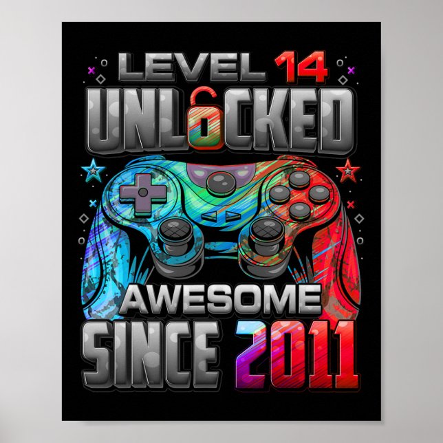 Level 14 Unlocked Awesome Since 2011 14th Birthday Poster (Front)