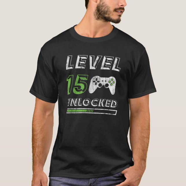 Level 15 Unlocked 15 Year Old Gamer Funny Birthday T-Shirt (Front)