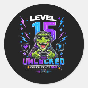 Level 15 Unlocked Dinosaur Gamer 15th Birthday Boy Classic Round Sticker