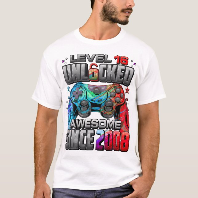  Level 16 Unlocked Awesome Since 2008 16Th Birthda T-Shirt (Front)