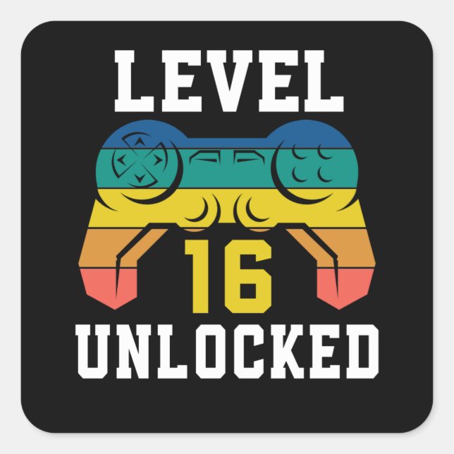 Level 16 Unlocked, Video Game 16th Gamer Birthday Square Sticker (Front)